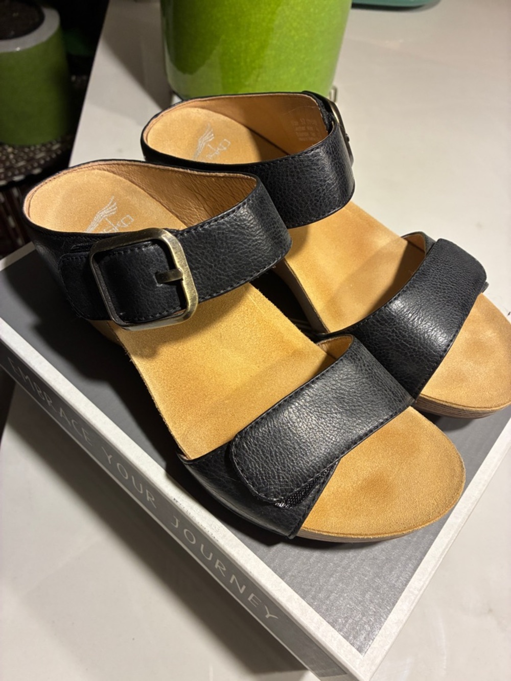 Dansko Black Leather Velcro Clog Sandals  Size 37